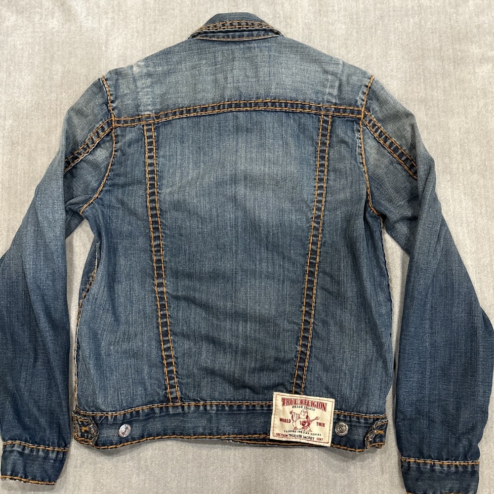 True Religion Blue Denim Trucker Jacket Size M Thick Stitching Res Super T VTG - Picture 12 of 14